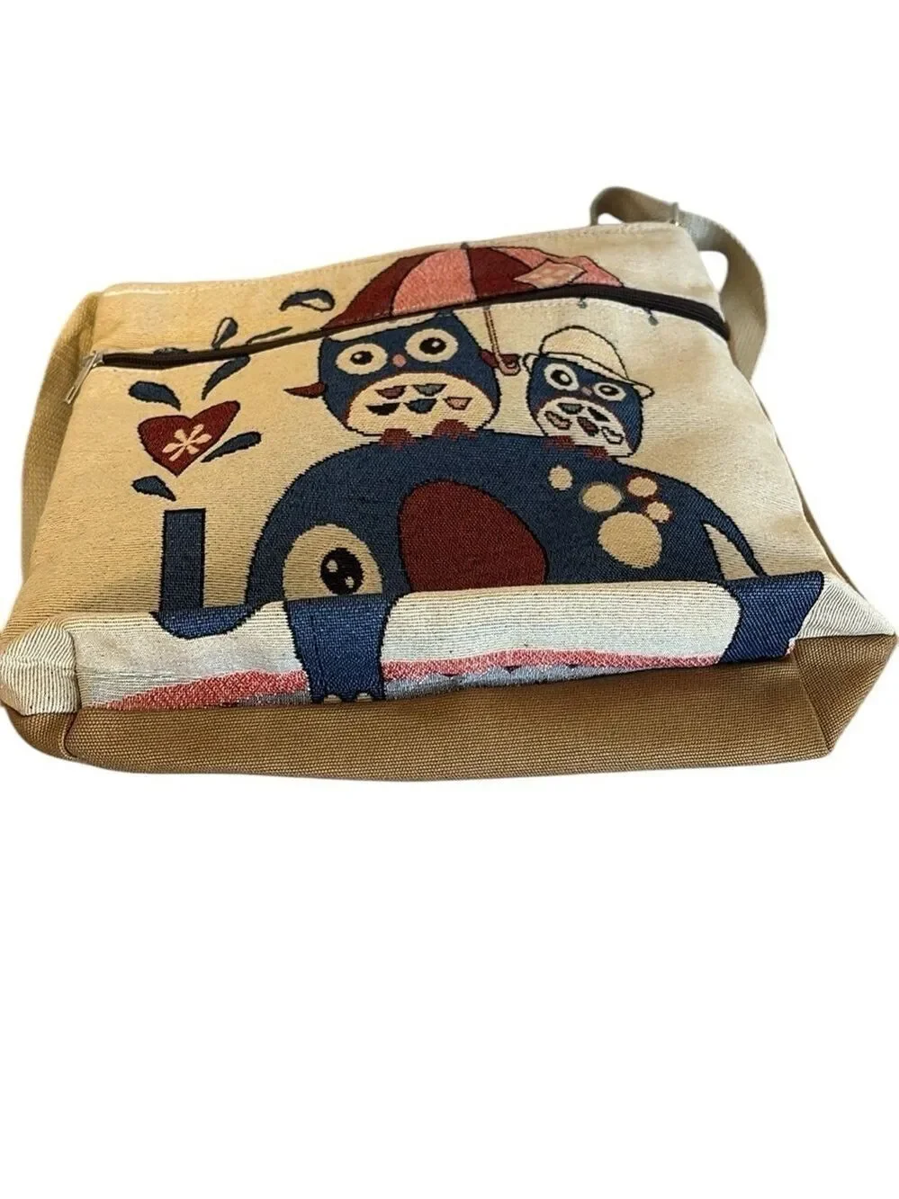 Owl and Elephant Tapestry Crossbody Cream and Blue